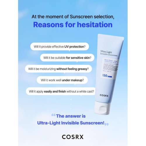 COSRX Ultra Light Invisible Sunscreen SPF 50+ | No White Cast Sun Protection India